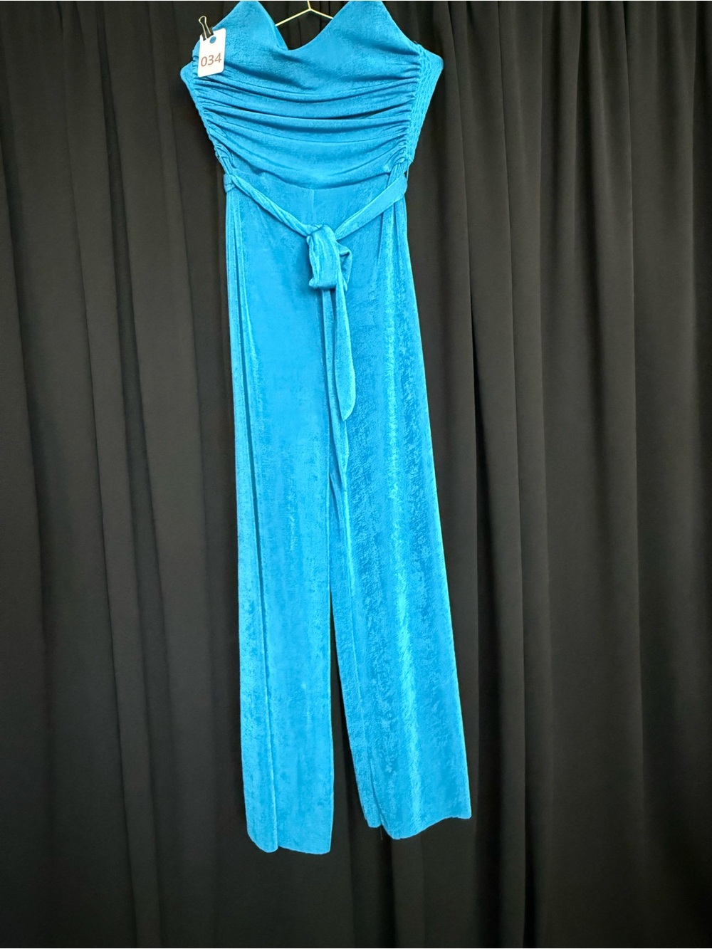 Strapless Turquoise Velvet Jumpsuit with Self-Tie Waist